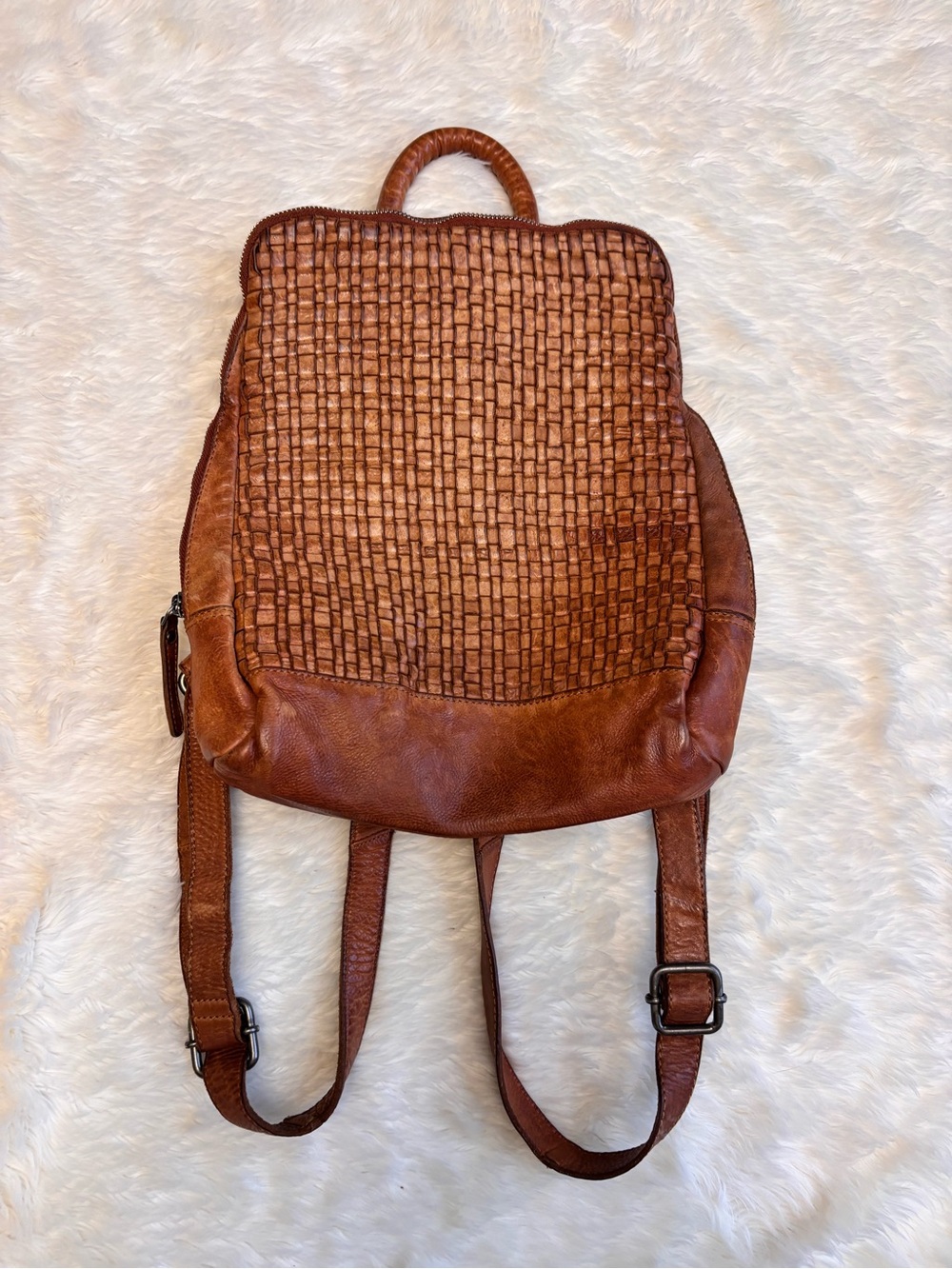 Violence Holland Emilia Woven Basketweave Leather Cognac Brown Backpack